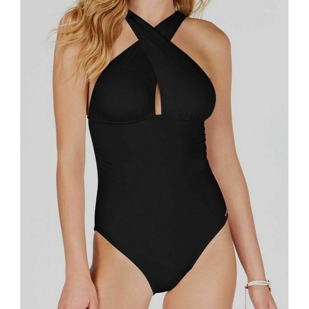 Michael Kors Women s Convertible Ruched One Piece Swimsuit Black Size 14